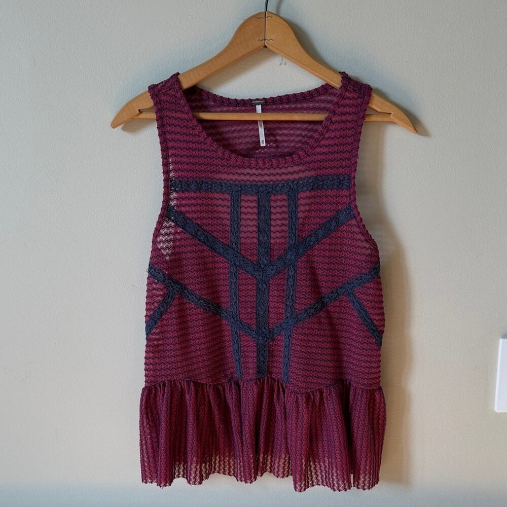 FREE PEOPLE Mesh Crochet Lace Peplum Purple Magenta Sleeveless Top Size XS